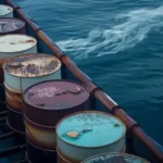 Marine oils barrels stored on high seas cargo ship.