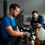 Male mechanics working together in car shop using products from trusted oils supplier