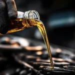 A gloved hand is pouring golden motor oil into a dark engine bay, demonstrating the quality of engine oil from Lubricant Specialists Australia.